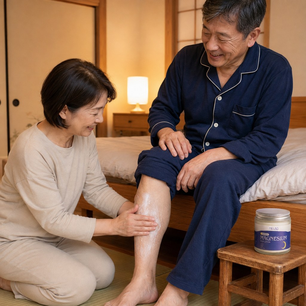 妻が夫のふくらはぎに塗ってあげている